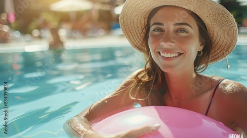 Woman in Hat in Pool With Pink Ball