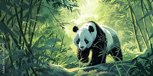 A panda bear is walking through a lush green forest. The bear is surrounded by tall trees and bushes, and the sunlight is shining through the leaves, creating a serene and peaceful atmosphere photo