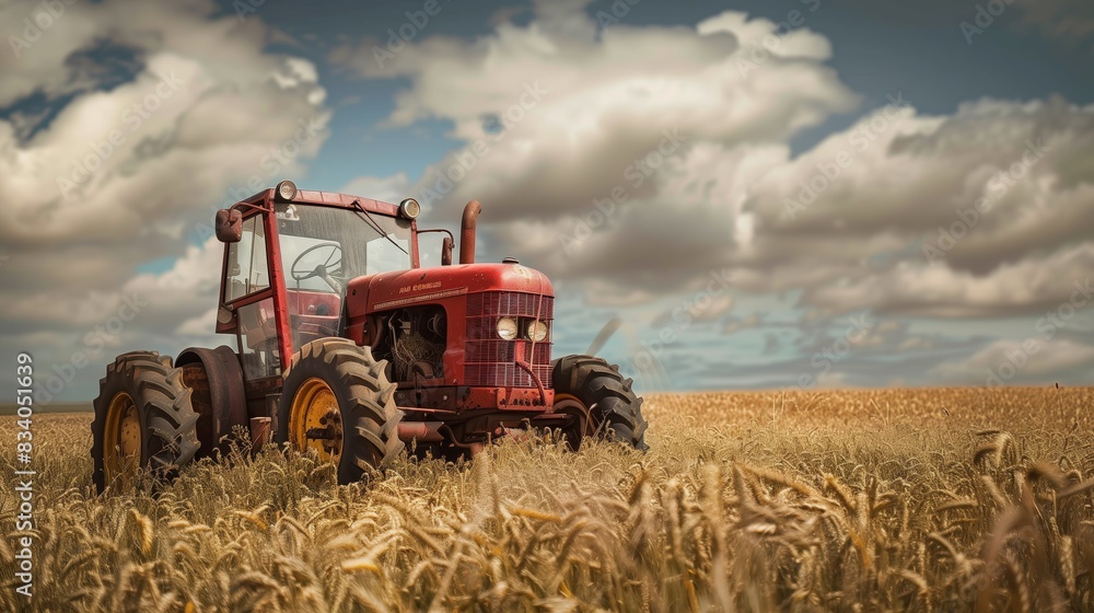 Obraz premium Modern Tractor Amid Wheat Field