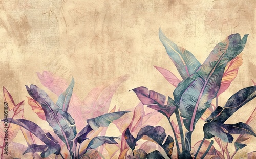 Illustration of tropical wallpaper print design with palm leaves, birds and texture. Exotic plants and birds on textured background. AI generated illustration