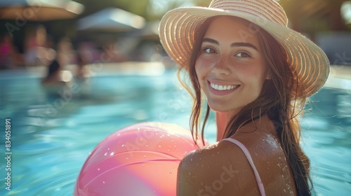 Woman in Hat in Pool With Pink Ball