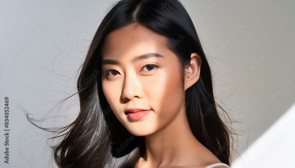 Asian model woman face close-up with natural smooth skin, beautiful eyes, and long black hair with natural light from sunlight isolated on clean white background Asian model woman face close-up with natural smooth skin, beautiful eyes, and long black hair with natural light from sunlight isolated on clean white background