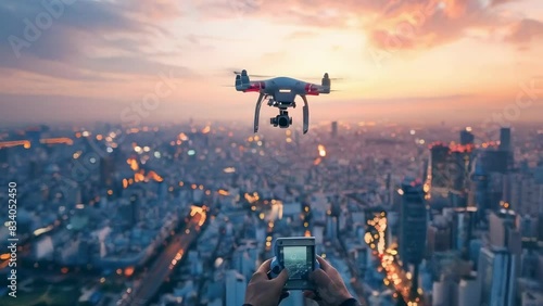 A drone, piloted by a person using a handheld controller, flies over a bustling city at sunset. The sky showcases vibrant hues of orange and pink. Depicts modern technology, urban exploration. photo