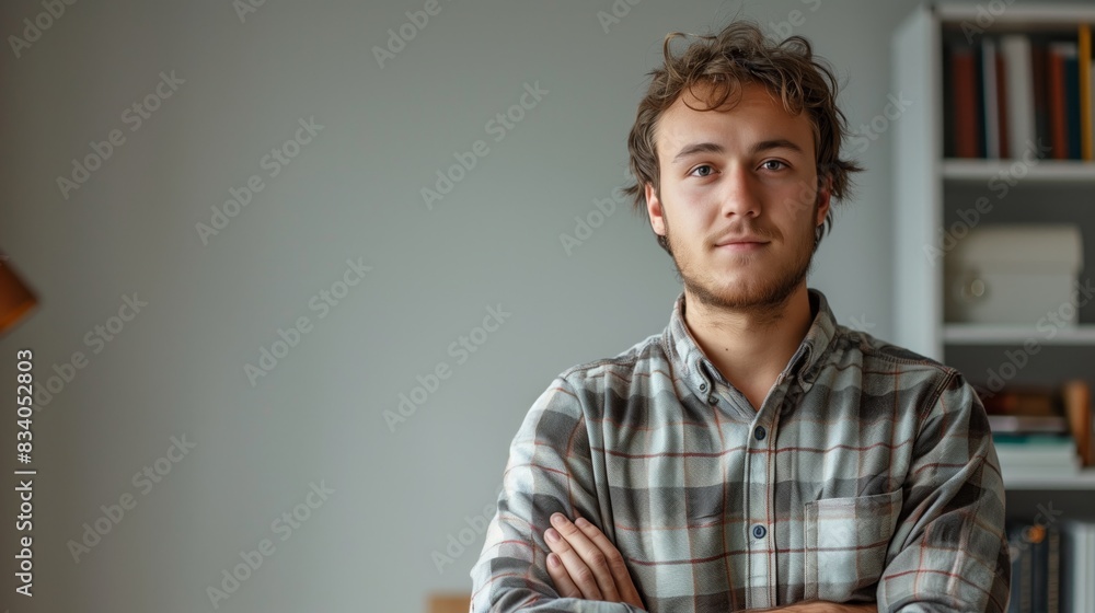 Russian Man Standing in Front of Bookshelf Russian Man Standing in Front of Bookshelf