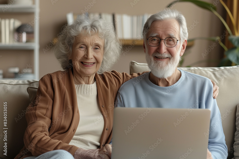 Elderly Couple Sitting on Couch Looking at Laptop Elderly Couple Sitting on Couch Looking at Laptop