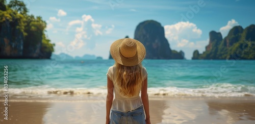 Woman in Hat Standing on Beach