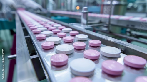 Conveyor Belt Filled With Pink and White Pills
