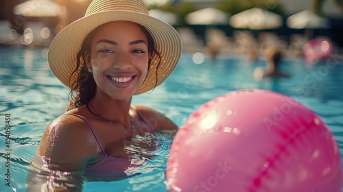 Woman in Hat in Pool With Pink Ball