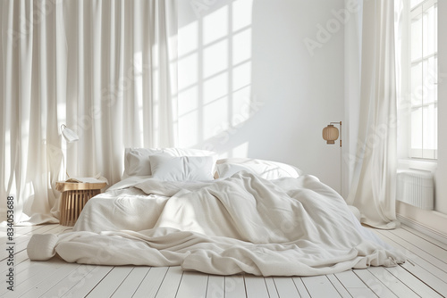 White Bedroom With Large Bed and Curtains © Dzmitry
