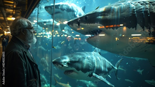 Man Stands Beside Large Shark Tank photo
