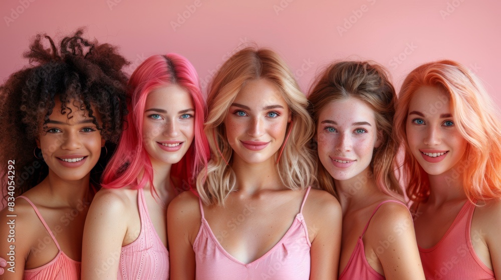 A group of women with bright pink hair posing for a picture, AI A group of women with bright pink hair posing for a picture, AI