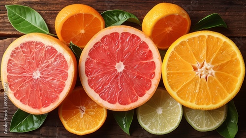 Group of Halved Grapefruits and Oranges