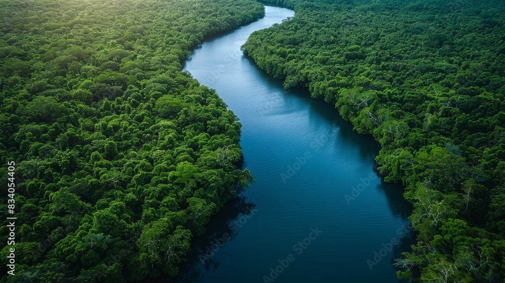 A river runs through a lush green forest in the distance, AI A river runs through a lush green forest in the distance, AI
