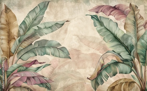 Wallpaper Mural Illustration of tropical wallpaper print design with palm leaves, birds and texture. Exotic plants and birds on textured background. AI generated illustration Torontodigital.ca