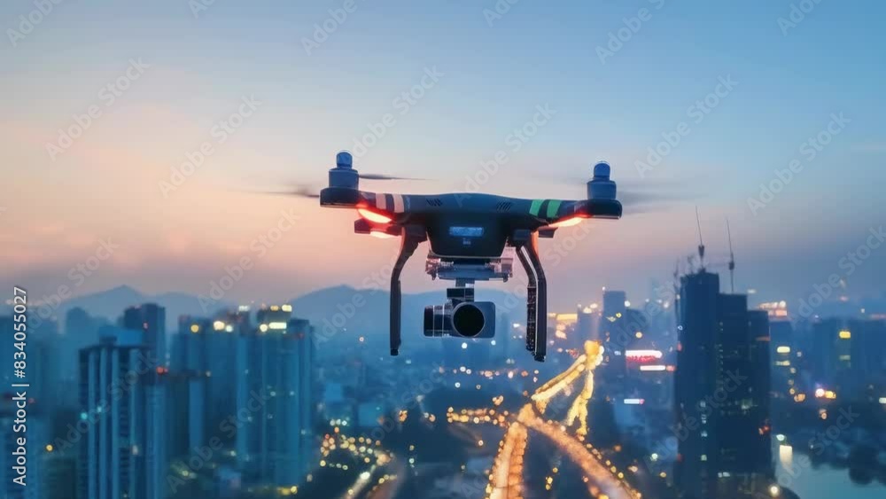 A drone flies over a crowded city at dusk, capturing stunning aerial views. The city is illuminated with streetlights and high-rise buildings. The mood is calm as the drone hovers. A drone flies over a crowded city at dusk, capturing stunning aerial views. The city is illuminated with streetlights and high-rise buildings. The mood is calm as the drone hovers.