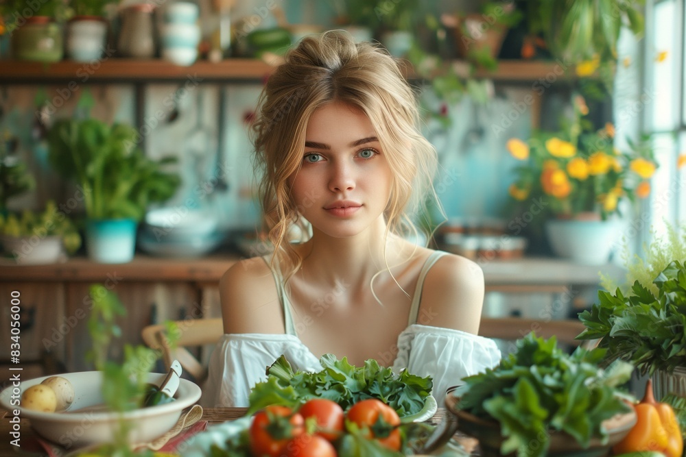 Woman Eating Vegetables at Table Woman Eating Vegetables at Table