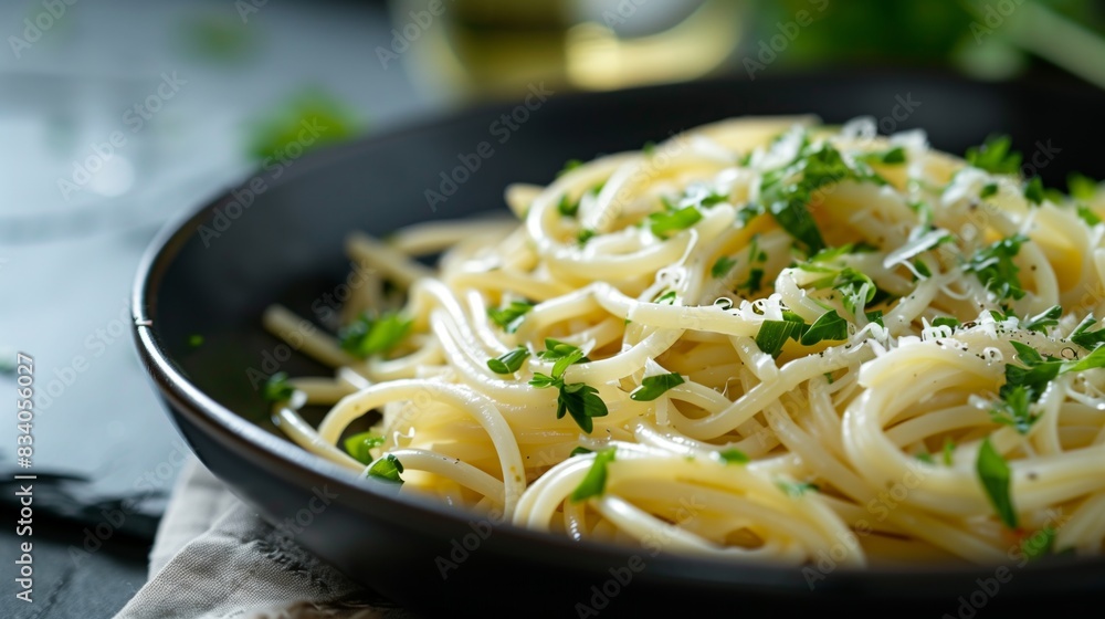 Black Bowl Filled With Pasta and Parsley Black Bowl Filled With Pasta and Parsley
