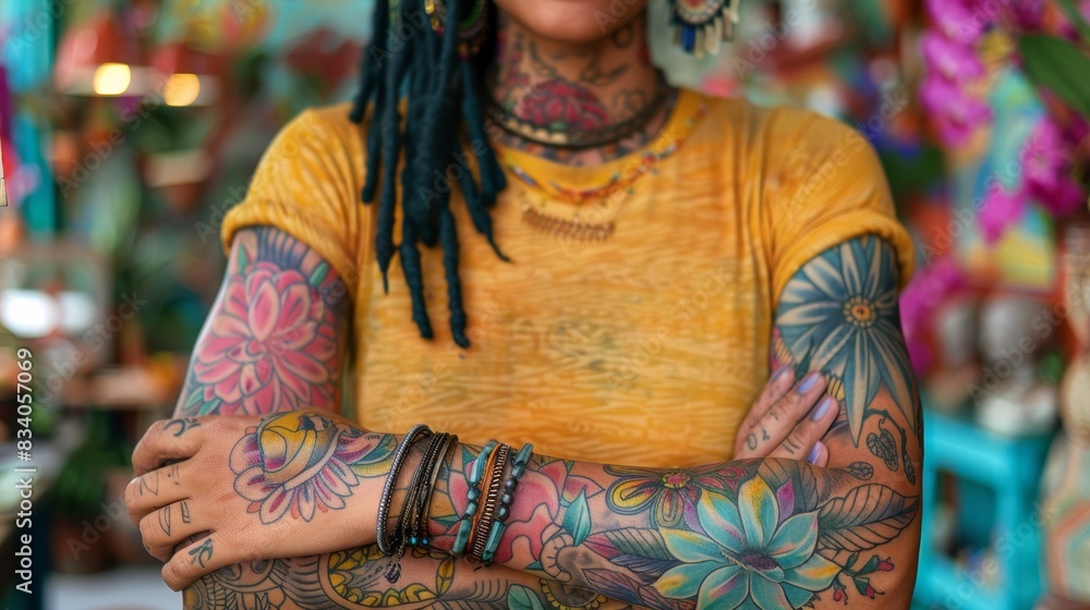 A woman with tattoos on her arms and legs standing in a store, AI