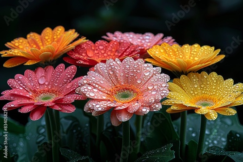 Gerbera flowers in different colors, dew drops, close-up, warm sunlight. Ferida de las flores photo