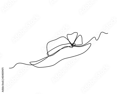 Women's hat with brim in continuous line art style. Summer sun hat with a large bow. Drawing black linear minimalist design.