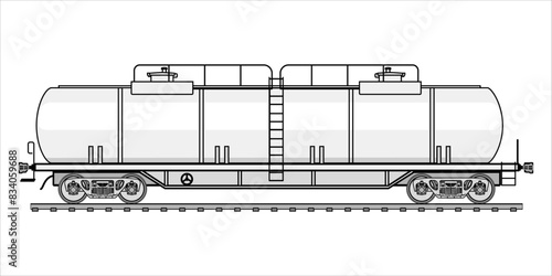 Silhouette wagon cistern tank train - outline vector  illustration. Detailed sketch railway car tank wagon on white background. Side view of tank railroad wagon for transporting liquid commodities.