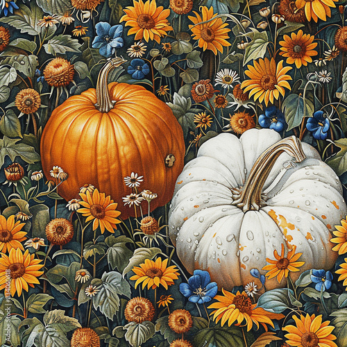 Halloween pumpkins in the garden, seamless repetitive wallpaper, vintage nature background