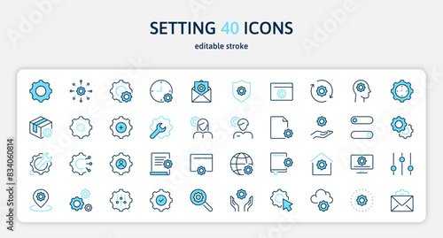 Settings 40 line color blue icons set. Gear wheel, safety, protection sign, symbol. Isolated on a white background. Pixel perfect. Editable stroke. 64x64.