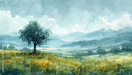 Minimalist Summer Landscape with Bright Colors and Simplistic Design. Watercolor Illustration of a Lone Tree in Blooming Meadow. Serene Blue Mountains and Clear Sky