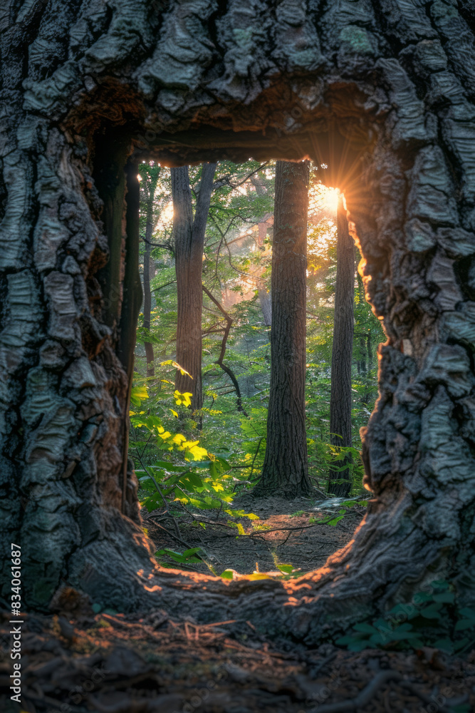 A mirror leaning against a tree, reflecting the surrounding forest and creating a window-like effect, A mirror leaning against a tree, reflecting the surrounding forest and creating a window-like effect,