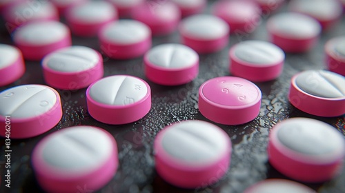  Pink and white pills sit on black surface with water drops