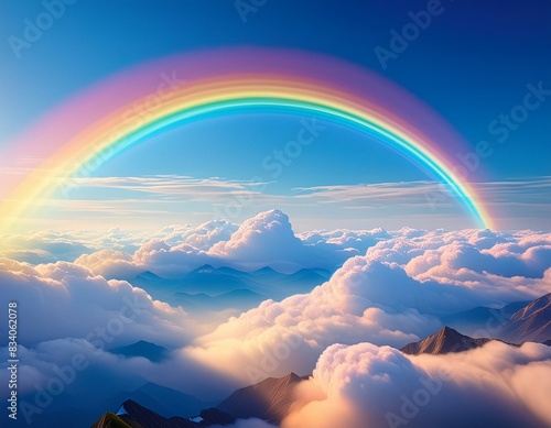 beautiful rainbow light rays above the clouds in a clear blue sky