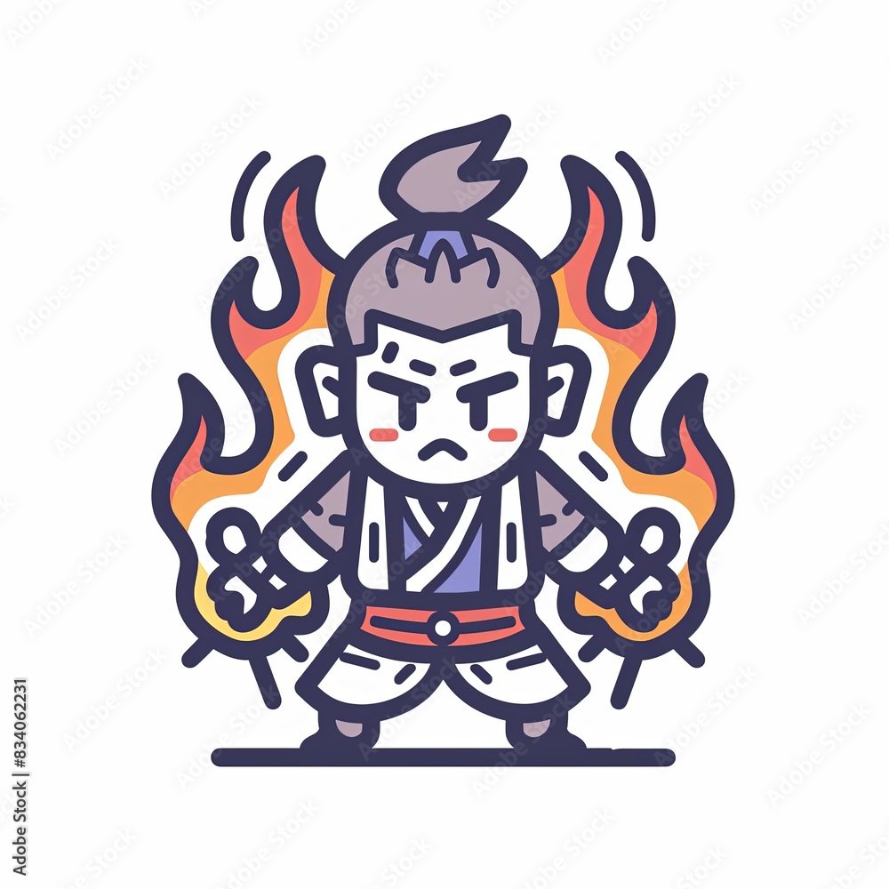 A cartoon character with a red and orange fire on his head A cartoon character with a red and orange fire on his head
