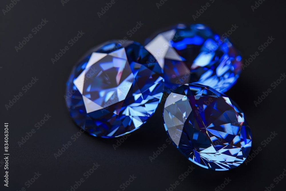 three blue sapphire gemstone plain black background from Generative AI three blue sapphire gemstone plain black background from Generative AI