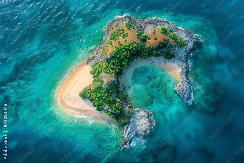 Fototapeta premium Aerial shot of an island surrounded by crystal-clear waters, with the golden sand glowing beneath the surface,