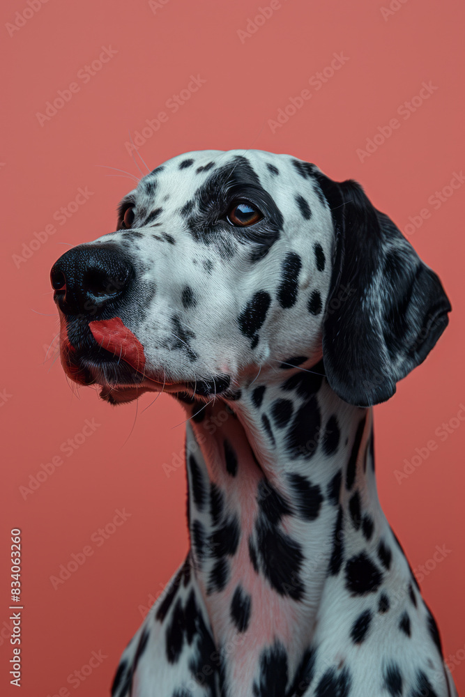 A Dalmatian with red lipstick kisses on its chest, sitting against a light pink background, A Dalmatian with red lipstick kisses on its chest, sitting against a light pink background,