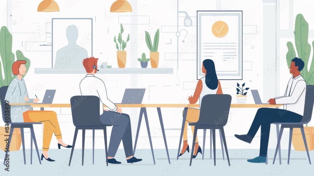 Drawing of a group of people sitting at a table in a modern office. Drawing of a group of people sitting at a table in a modern office.
