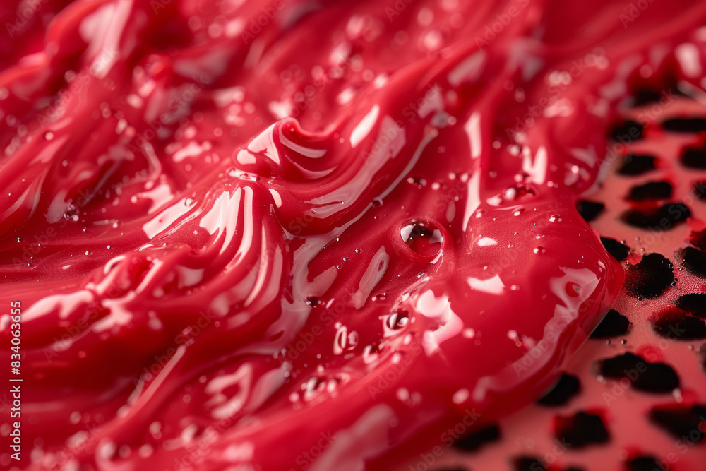 Macro shot of red nail polish creating abstract patterns as it spreads across a leopard print surface, Macro shot of red nail polish creating abstract patterns as it spreads across a leopard print surface,