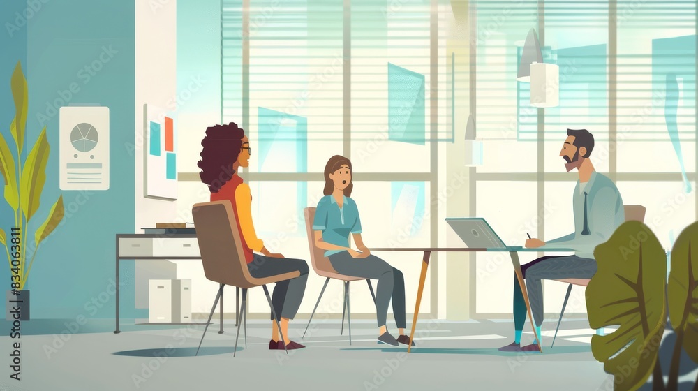 Drawing of three people sitting at a conference table. Drawing of three people sitting at a conference table.