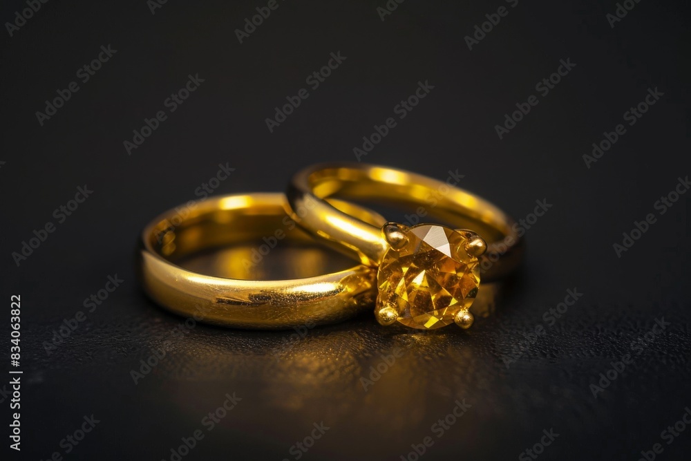 pair of gold rings with yellow gemstone plain black background from Generative AI pair of gold rings with yellow gemstone plain black background from Generative AI