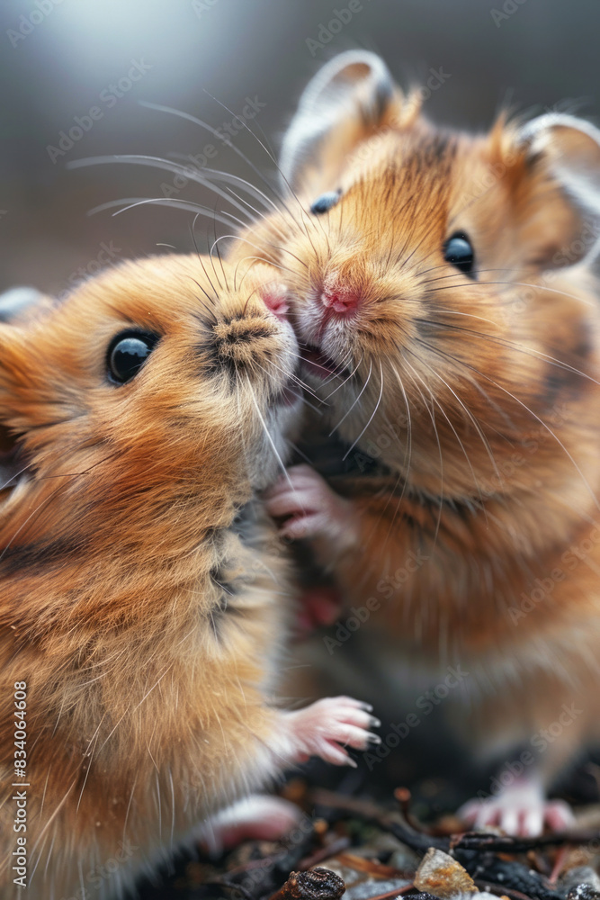 A social hamster interacting with another hamster, eyes showing friendly engagement, A social hamster interacting with another hamster, eyes showing friendly engagement,