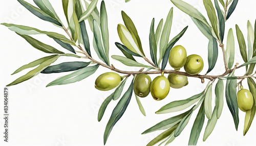 AI-generated watercolor illustration of an isolated olive branch with transparent background, perfect for design layouts with copy space