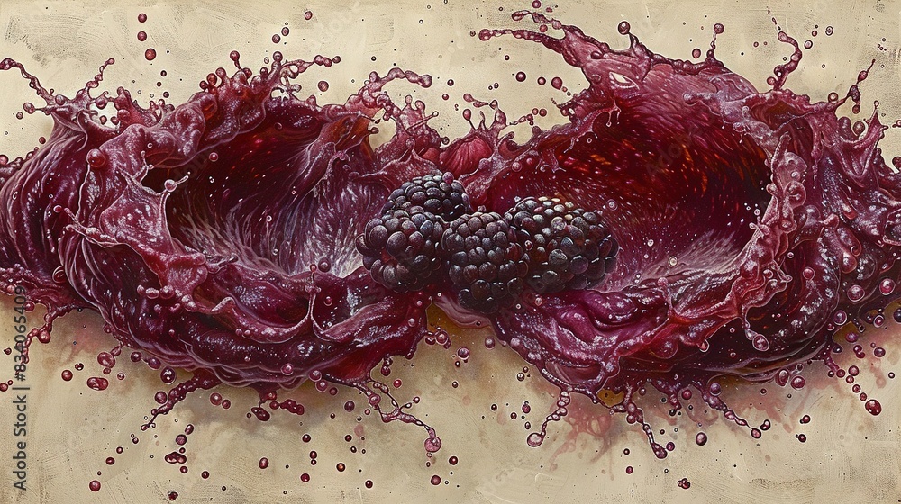 A painting of red cabbage with blackberries in the center, surrounded by water splashing on the surface A painting of red cabbage with blackberries in the center, surrounded by water splashing on the surface