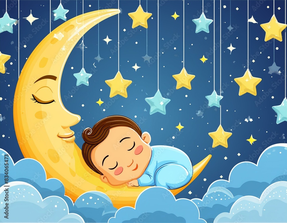 lullaby background with stars and moon cartoon baby boy sleeping with eyes closed in half moon clouds lullaby background with stars and moon cartoon baby boy sleeping with eyes closed in half moon clouds