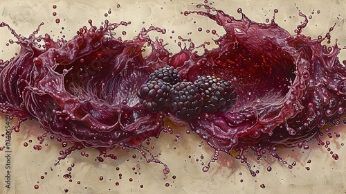   A painting of red cabbage with blackberries in the center, surrounded by water splashing on the surface photo