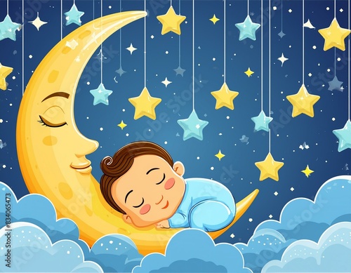 lullaby background with stars and moon cartoon baby boy sleeping with eyes closed in half moon clouds