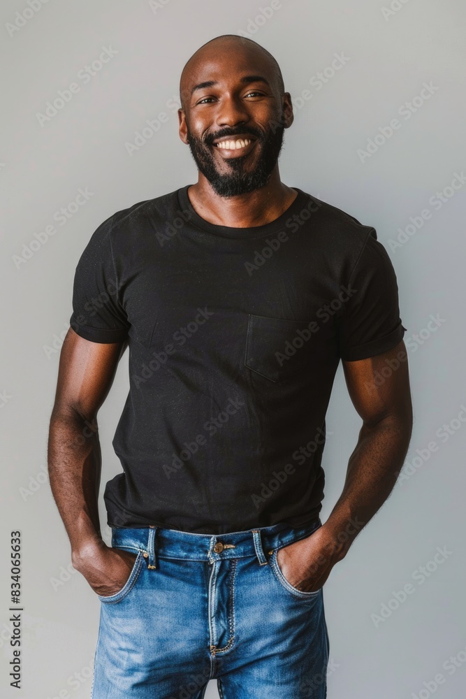Black Man In T-Shirt. Cheerful Caucasian Model in Black T-Shirt and Blue Jeans, Smiling and Happy Black Man In T-Shirt. Cheerful Caucasian Model in Black T-Shirt and Blue Jeans, Smiling and Happy