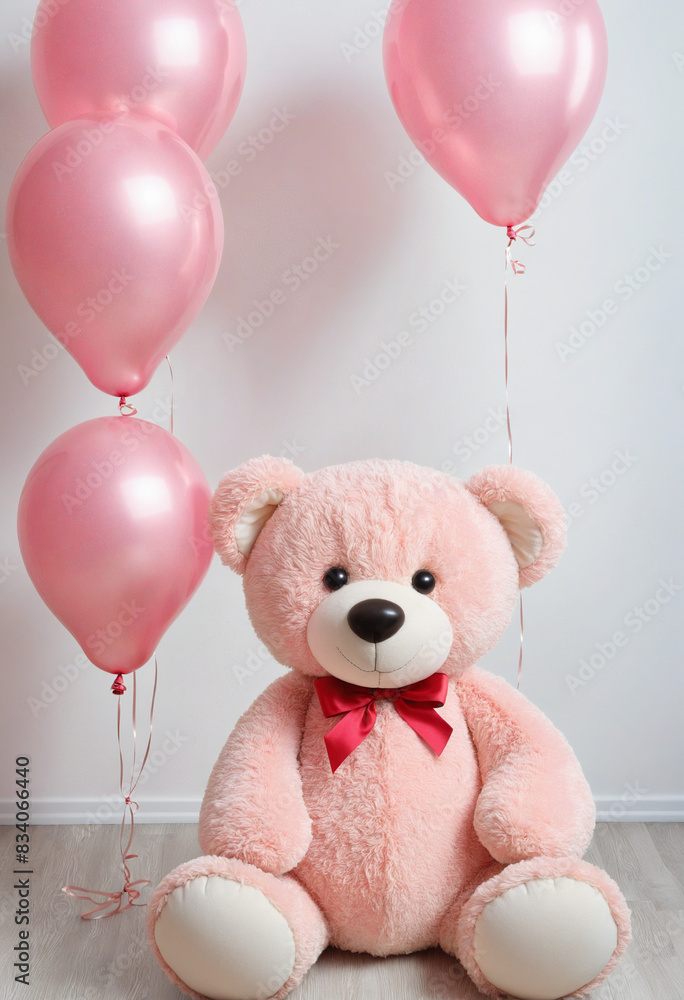 Teddy bear themed party decorations with pink heart balloons and ribbon Teddy bear themed party decorations with pink heart balloons and ribbon