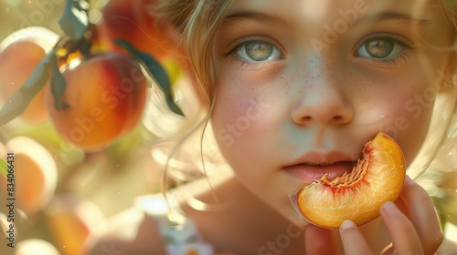 A little girl with a peach in hand  surrounded by nature. Her nose twitches as she bites into the juicy fruit  her hair blowing in the breeze. Happy and content  she enjoys the natural food craving