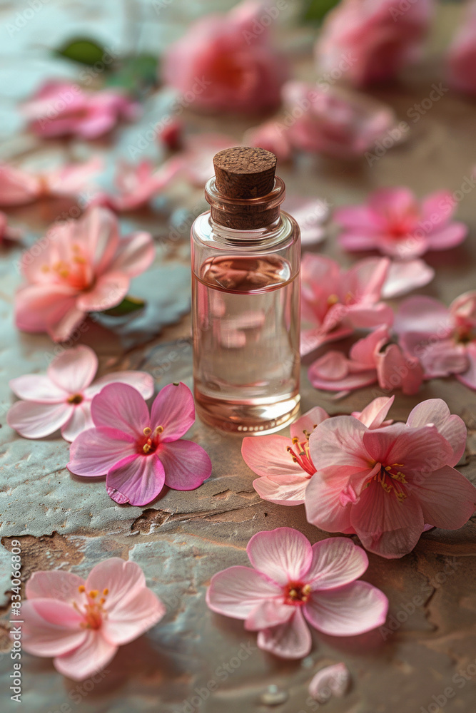 A few scattered flower petals around a small, simple vial, A few scattered flower petals around a small, simple vial,