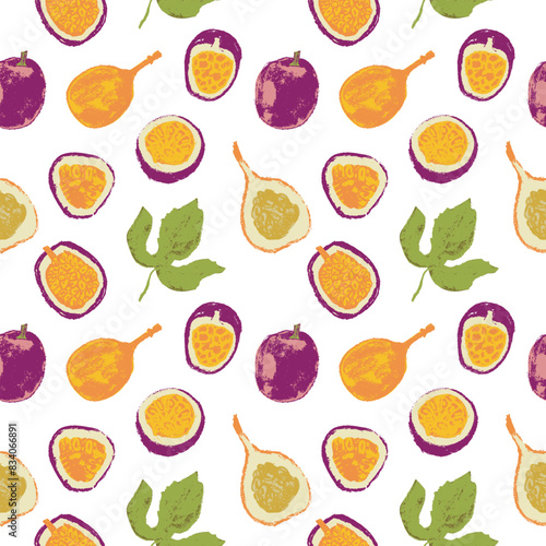 Tropical fruit banner. Vector passion fruit seamless pattern. Hand drawn granadilla illustrations. Colorful exotic fruits ornate print. Natural background for cosmetics, fruits puree or juice label.